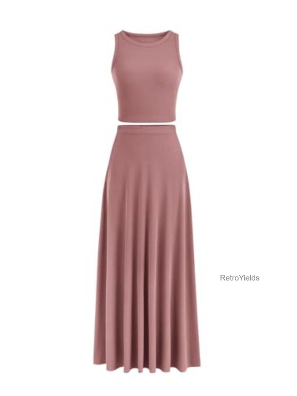 Two Piece Maxi Skirt Set - Ribbed Knit Crop Tank Top & Flowy Long Skirt